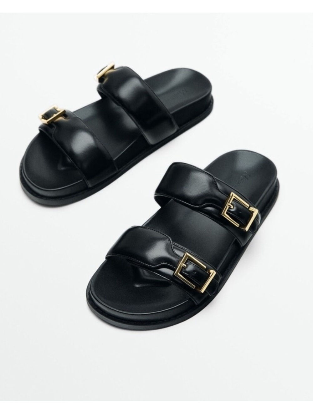 Massimo Dutti Leather Sandal Black Flat Gold Buckle